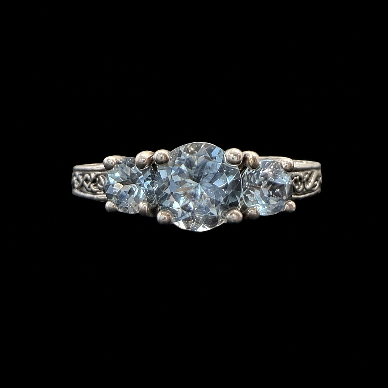 Mr Silverware Vintage UTC 925 Sterling Silver 3 Stone Aquamarine Filigree Ring Size 7