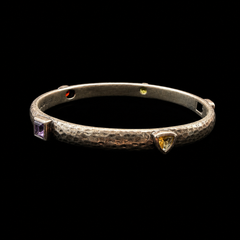 Vintage Indian Sterling Silver Hammered Multi-Gemstone Bangle Bracelet
