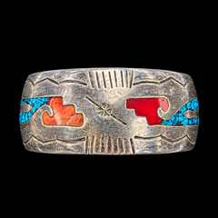 Mexico Vintage Sterling Silver Crushed Turquoise & Enamel Inlay Cuff Bracelet