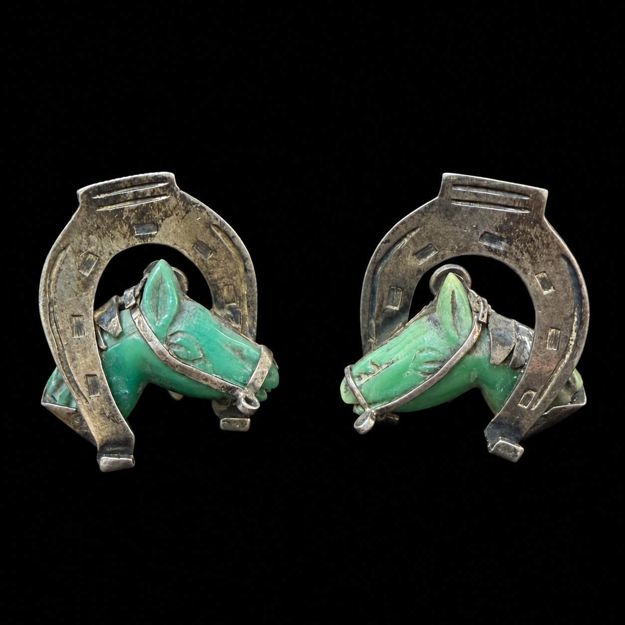 Mr Silverware Vintage Mexico Sterling Silver Carved Green Onyx Equestrian Horse Head Screw-Back Earrings