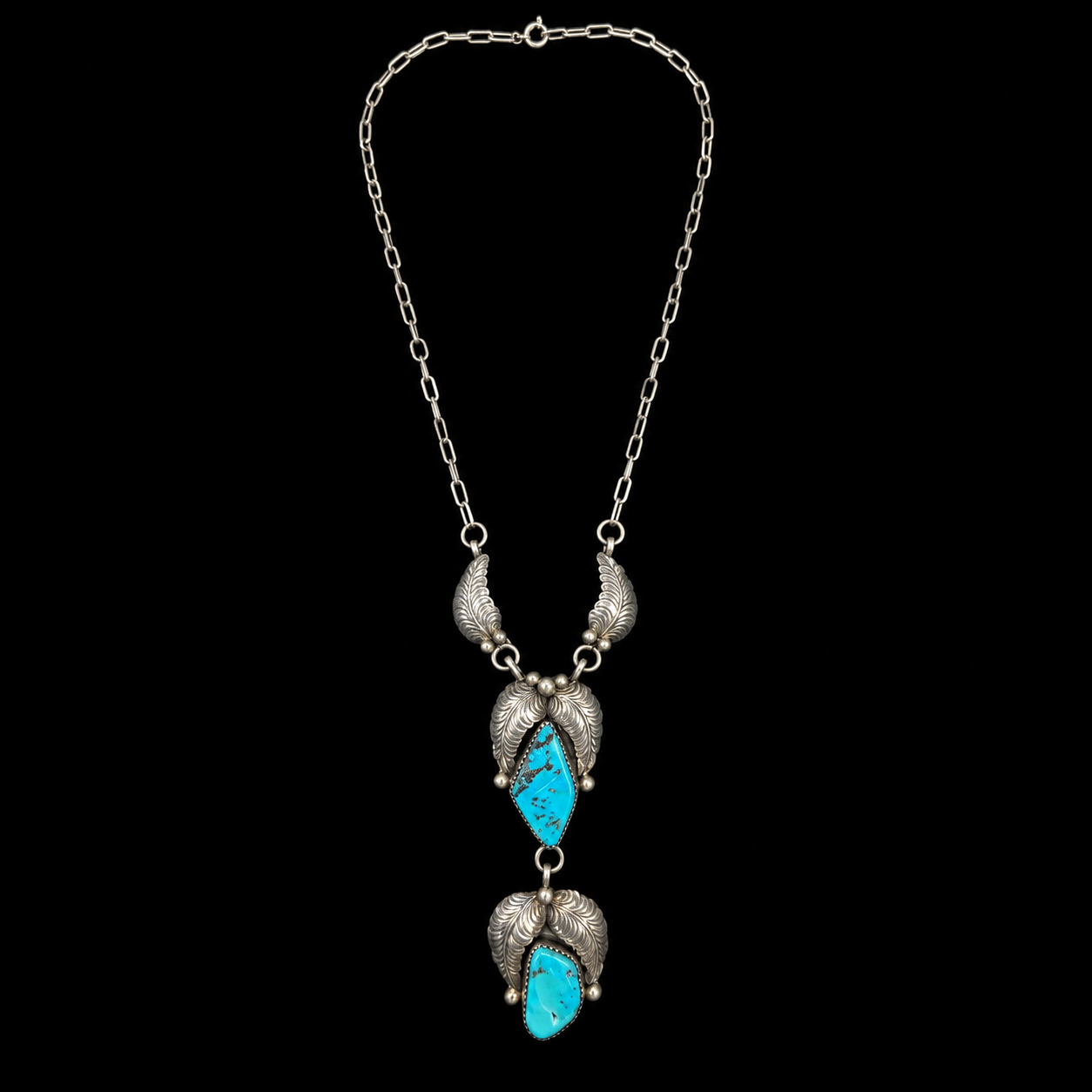 MR Silverware Vintage Ida McCrae Navajo Sterling Silver Turquoise Double Drop Necklace 15"