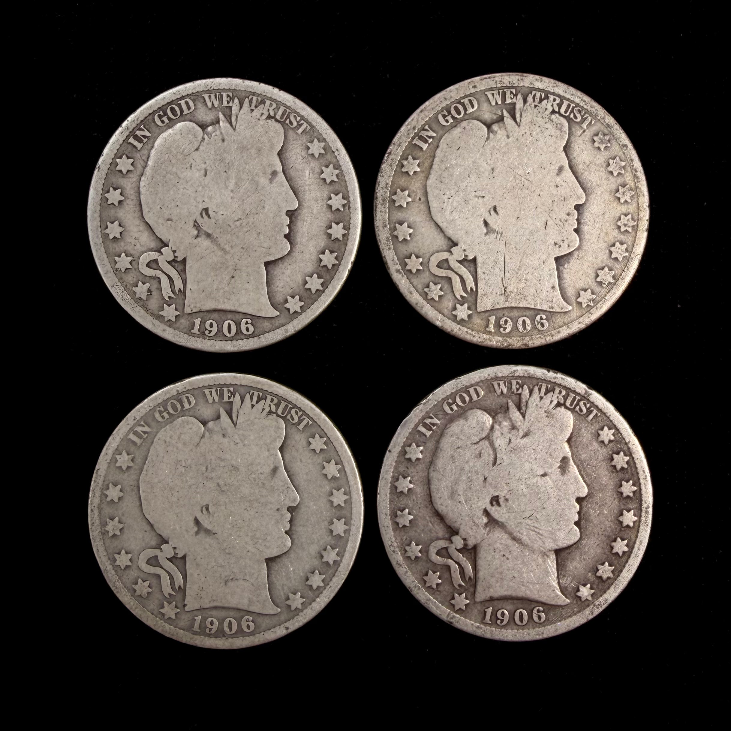 Mr Silverware 1906 D/P/S/O Barber Half Dollar 90% Silver Coins – Lot of 4