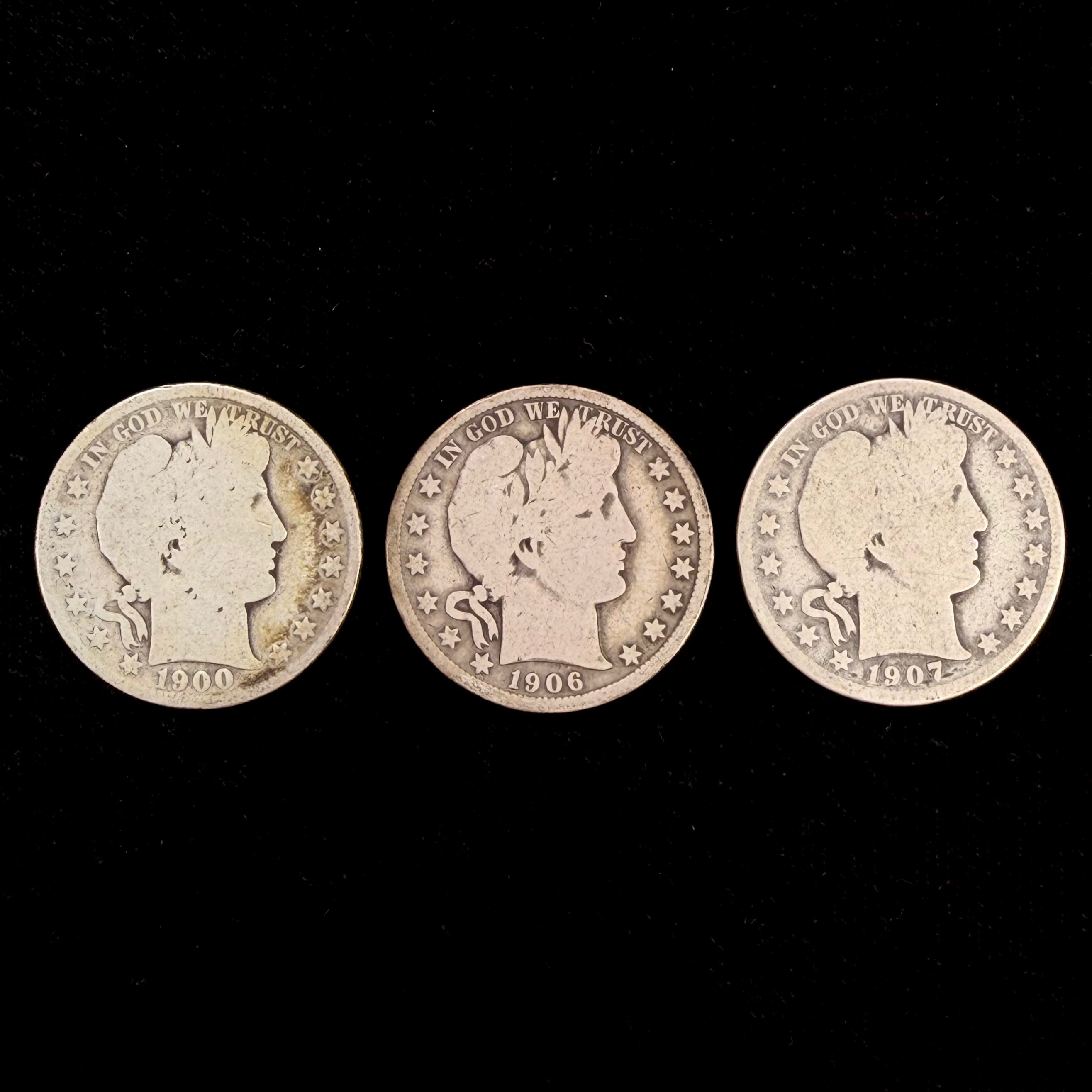 Mr Silverware 1900-P 1906-D 1907-D Barber Half Dollar 90% Silver Coins – Lot of 3