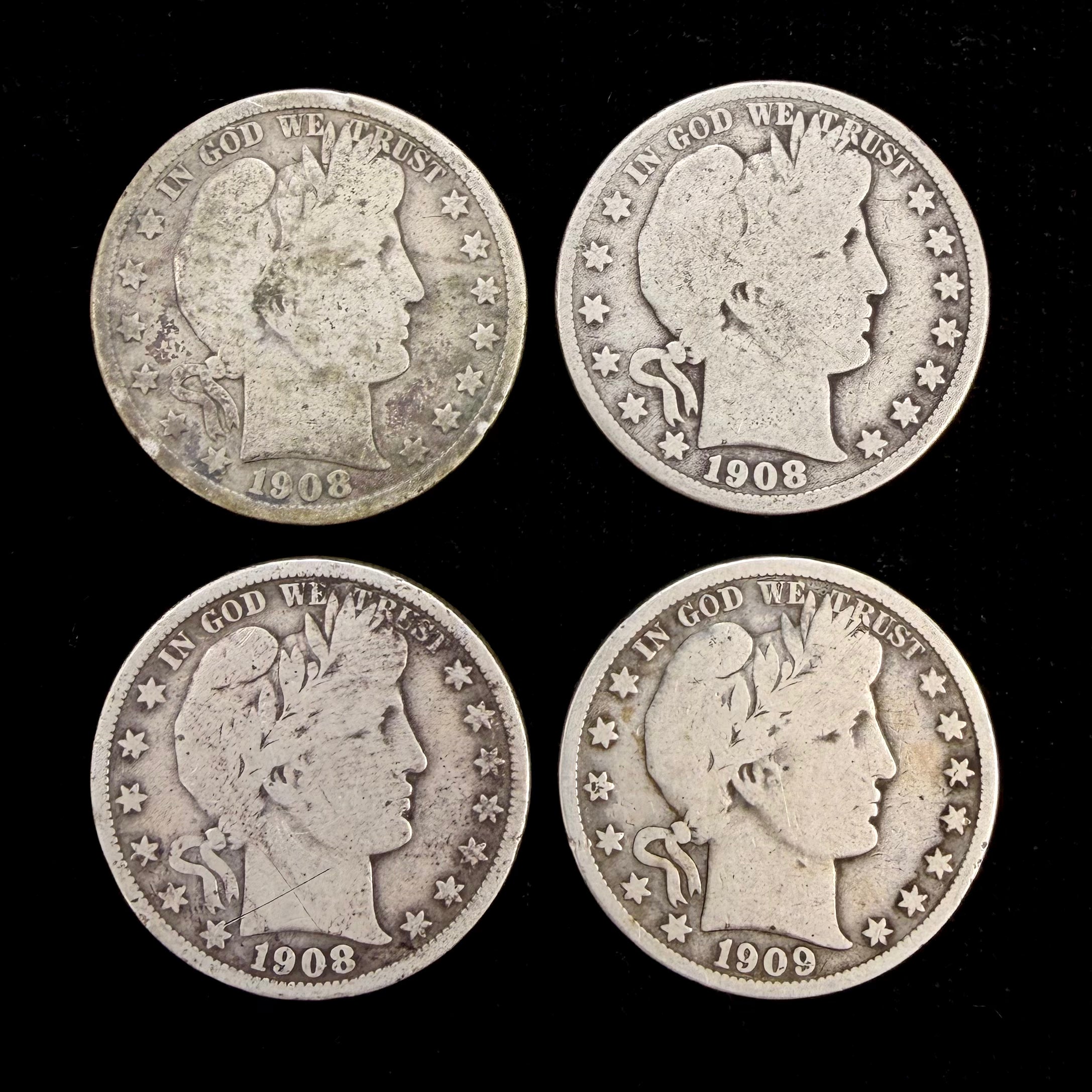Mr Silverware 1908-D/O/P & 1909-P Barber Half Dollar 90% Silver Coins – Lot of 4