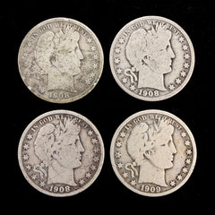 Mr Silverware 1908-D/O/P & 1909-P Barber Half Dollar 90% Silver Coins – Lot of 4