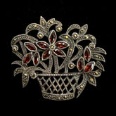 Mr Silverware Vintage Sterling Silver Garnet & Marcasite Floral Basket Brooch Pin