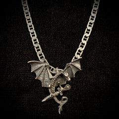 Mr Silverware Vintage Oxidized Sterling Silver Dragon Pendant Necklace - Mariner Link Chain