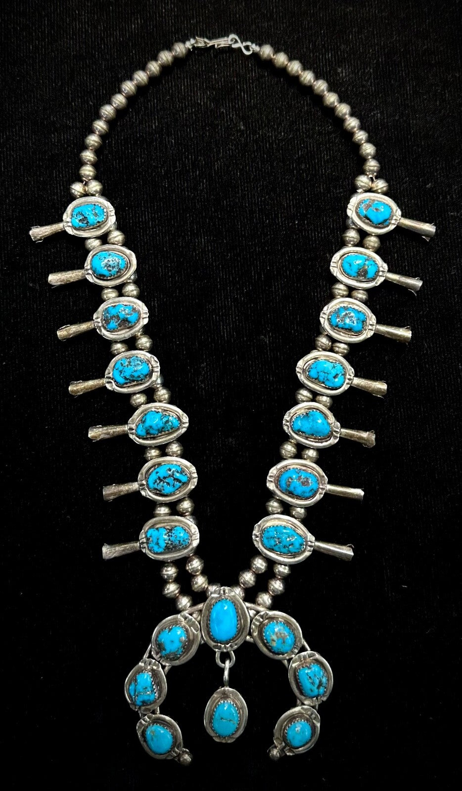 Vintage Navajo Sterling Silver Naja Squash Blossom Turquoise Bead Necklace 18"
