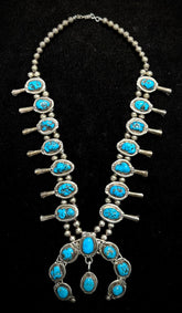 Vintage Navajo Sterling Silver Naja Squash Blossom Turquoise Bead Necklace 18"