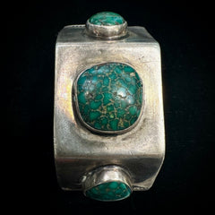 Gibson Nez Vintage Navajo Sterling Silver 3 Turquoise Heavy Cuff Bracelet