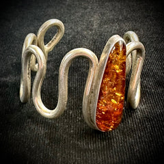 Alex Sanchez Vintage Navajo Solid Sterling Silver Wire Amber Cuff Bracelet 6.25"