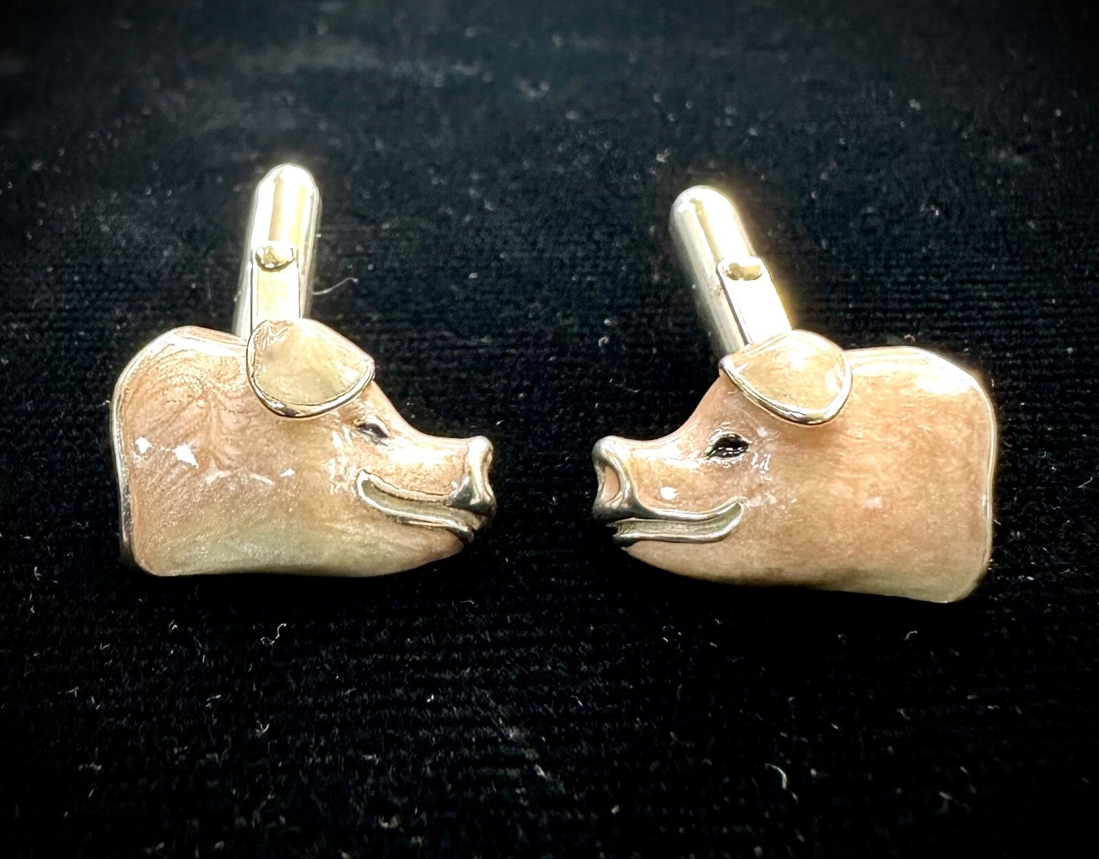 Thistle & Bee Italy Sterling Silver Enameled Pig Head Cufflinks