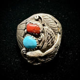 Vintage Sterling Silver Navajo Turquoise & Coral Ring Size 11 Signed R