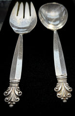 Georg Jensen Vintage Acanthus Sterling Silver Large Salad Spoon & Fork Set 9.5"