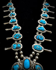 Vintage Navajo Sterling Silver Naja Squash Blossom Turquoise Bead Necklace 18"