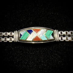Asch Grossbardt Sterling Silver & 18k Gold Stone Inlay Box Link Bracelet 7"