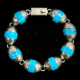 Mexico 925 Vintage Sterling Silver Flush Turquoise Inlay Bracelet 7.75"