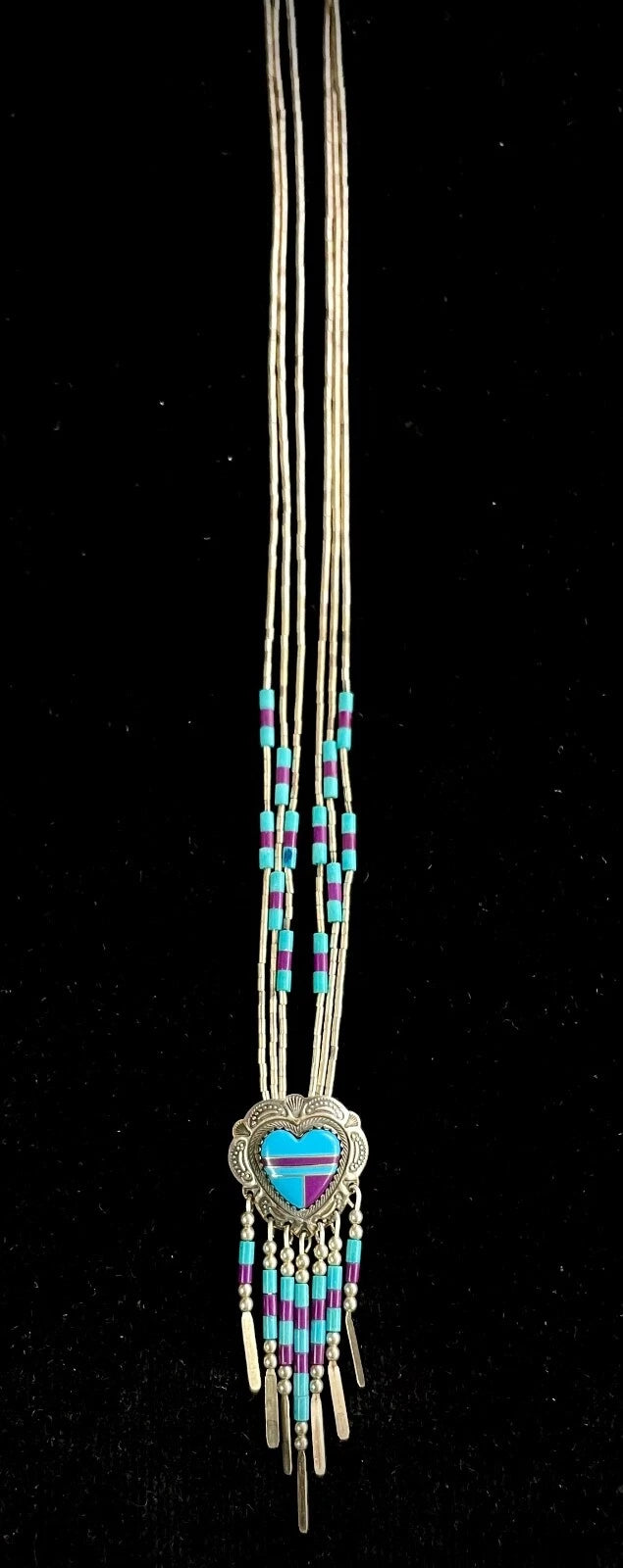 Vintage Sterling Silver Turquoise Heart Inlay Pendant With Chain 24"