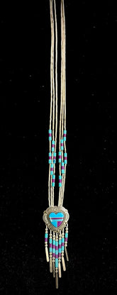 Vintage Sterling Silver Turquoise Heart Inlay Pendant With Chain 24"