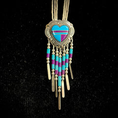 Vintage Sterling Silver Turquoise Heart Inlay Pendant With Chain 24"