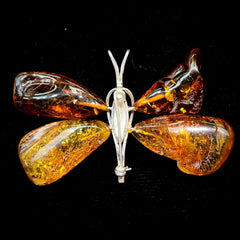 Sterling Silver Butterfly Brooch/Pin/Pendant With 4 Large Amber Stones