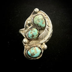 Vintage Navajo Sterling Silver Triple Turquoise Leaf Ring Size 6.5