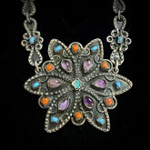Mexico TA-35 Vintage Sterling Silver Turquoise Coral Amethyst Necklace