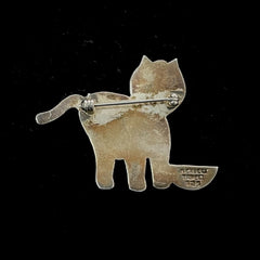 Vintage TAXCO 925 Sterling Silver Cat with Brass Bowl Brooch Pin