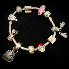 Pandora Moments Sterling Silver Snake Bracelet 7.5" With 10 Charms