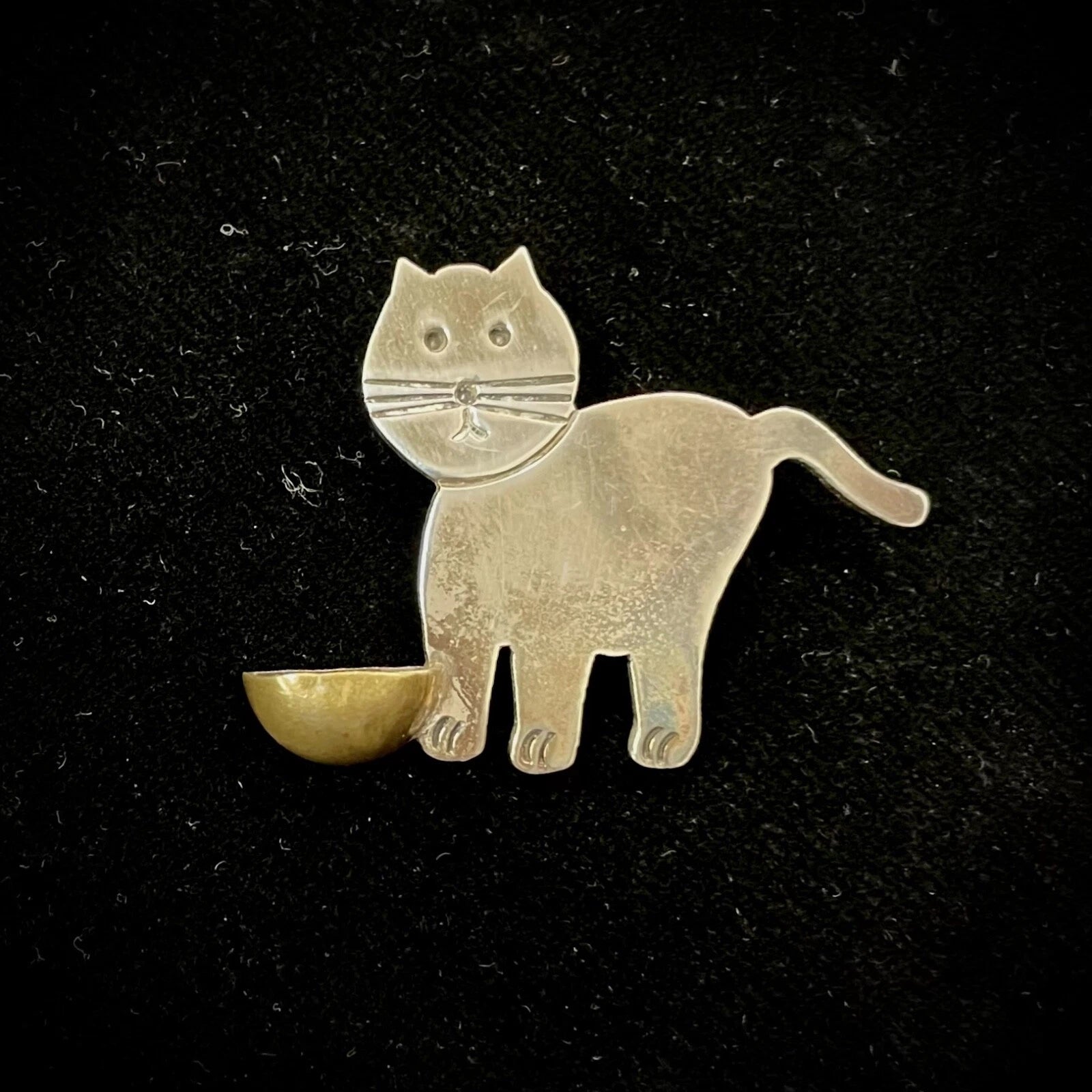 Vintage TAXCO 925 Sterling Silver Cat with Brass Bowl Brooch Pin