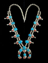 Vintage Navajo Sterling Silver Naja Squash Blossom Turquoise Coral Bead Necklace