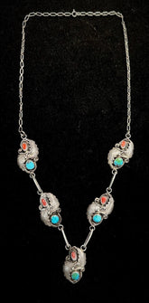 Vintage Navajo Sterling Silver Turquoise & Coral Necklace Signed P
