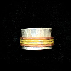 Sterling Silver Hammered Spinner Ring With Brass & Copper Size 8