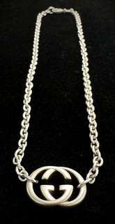 Gucci Italy Sterling Silver Interlocking G Pendant & Rolo Chain Necklace 17.75"