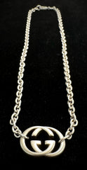 Gucci Italy Sterling Silver Interlocking G Pendant & Rolo Chain Necklace 17.75"