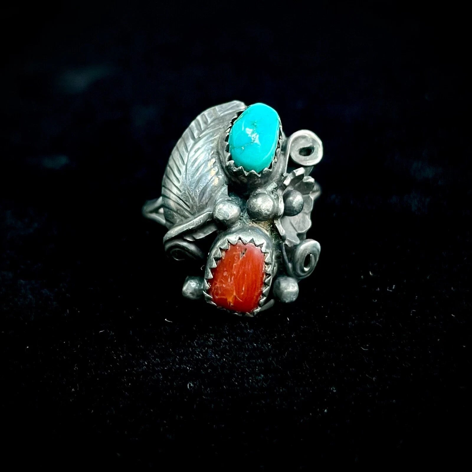 Henry Addikie Native American Navajo Sterling Silver Ring Turquoise & Coral 7.25