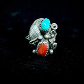 Henry Addikie Native American Navajo Sterling Silver Ring Turquoise & Coral 7.25