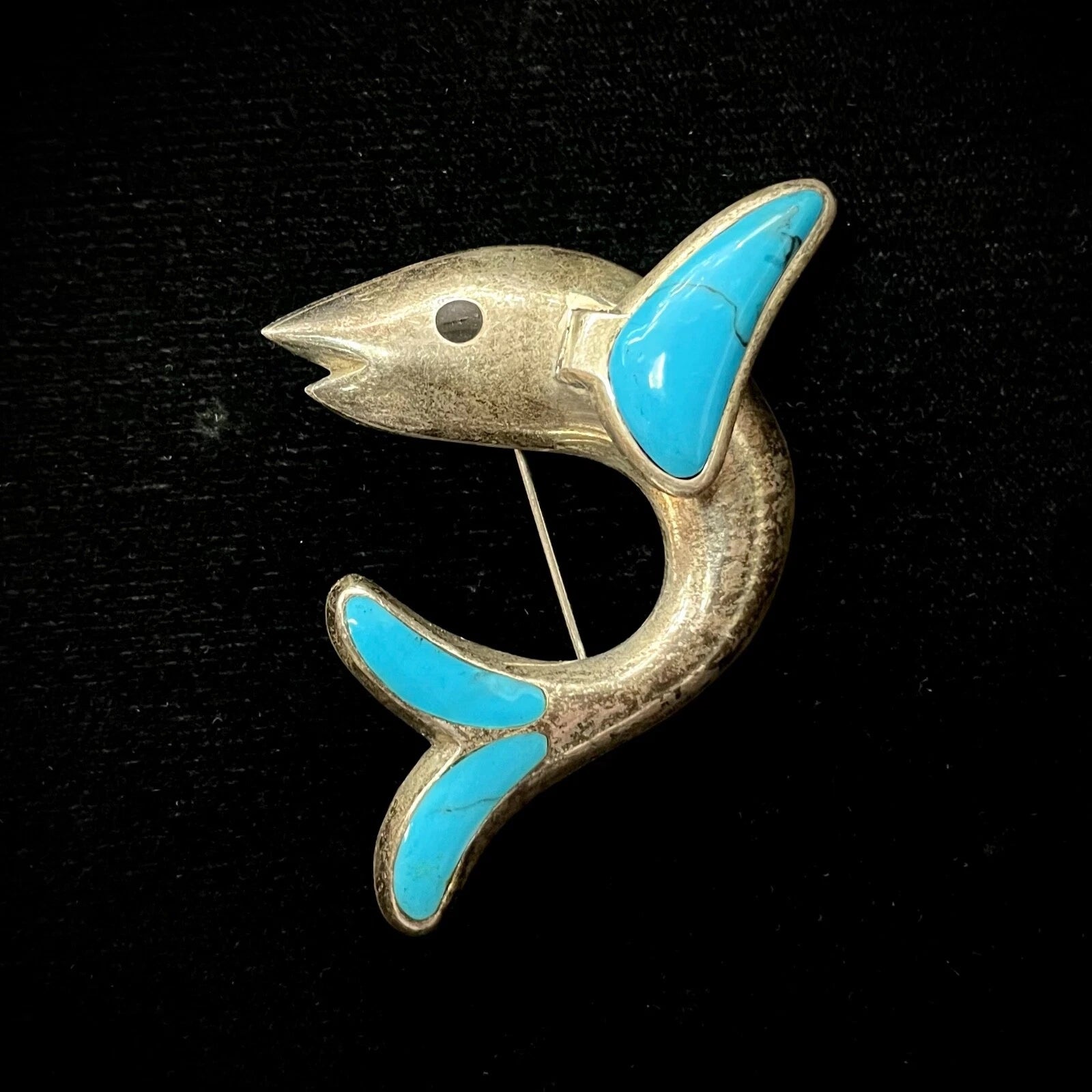 Mexico Vintage CDC TD-27 950 Silver Fish Pin/Brooch With Inlaid Turquoise