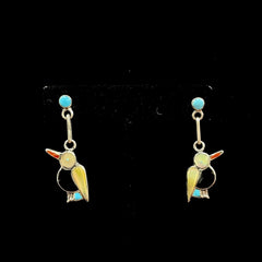 Vintage Zuni Sterling Silver Bird Earrings Inlaid Stones Turquoise, MOP, Onyx