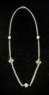 David Yurman Sterling Silver & 14k Gold DY Logo Pearl Box Chain Necklace 16"
