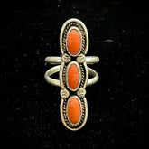 Vintage Navajo Sterling Silver 3 Coral Stoplight Ring Size 8.75