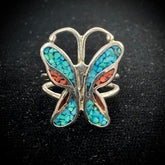 Vintage Zuni Sterling Silver Turquoise & Coral Chip Inlay Butterfly Ring Size 6