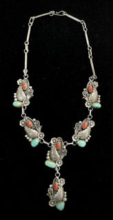 Phil Chapo Vintage Navajo Sterling Silver Turquoise & Coral Necklace 22"