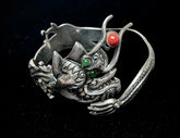 Vintage Sterling Silver Dragon Bangle Bracelet W/Jade Green Eyes & Coral