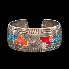 Mexico Vintage Sterling Silver Crushed Turquoise & Enamel Inlay Cuff Bracelet