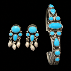 Mr Silverware Vintage Sterling Silver Turquoise Cuff Bracelet & Dangle Earrings Jewelry Set