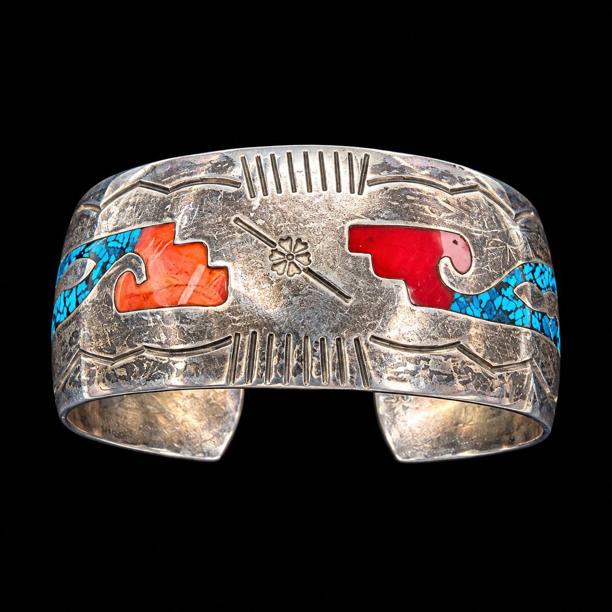 Mr Silverware Mexico Vintage Sterling Silver Crushed Turquoise & Enamel Inlay Cuff Bracelet