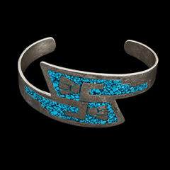 Vintage Mexican 925 Sterling Silver Turquoise Chip Inlay Hopi Style Cuff Bracelet