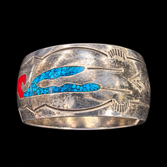 Mexico Vintage Sterling Silver Crushed Turquoise & Enamel Inlay Cuff Bracelet
