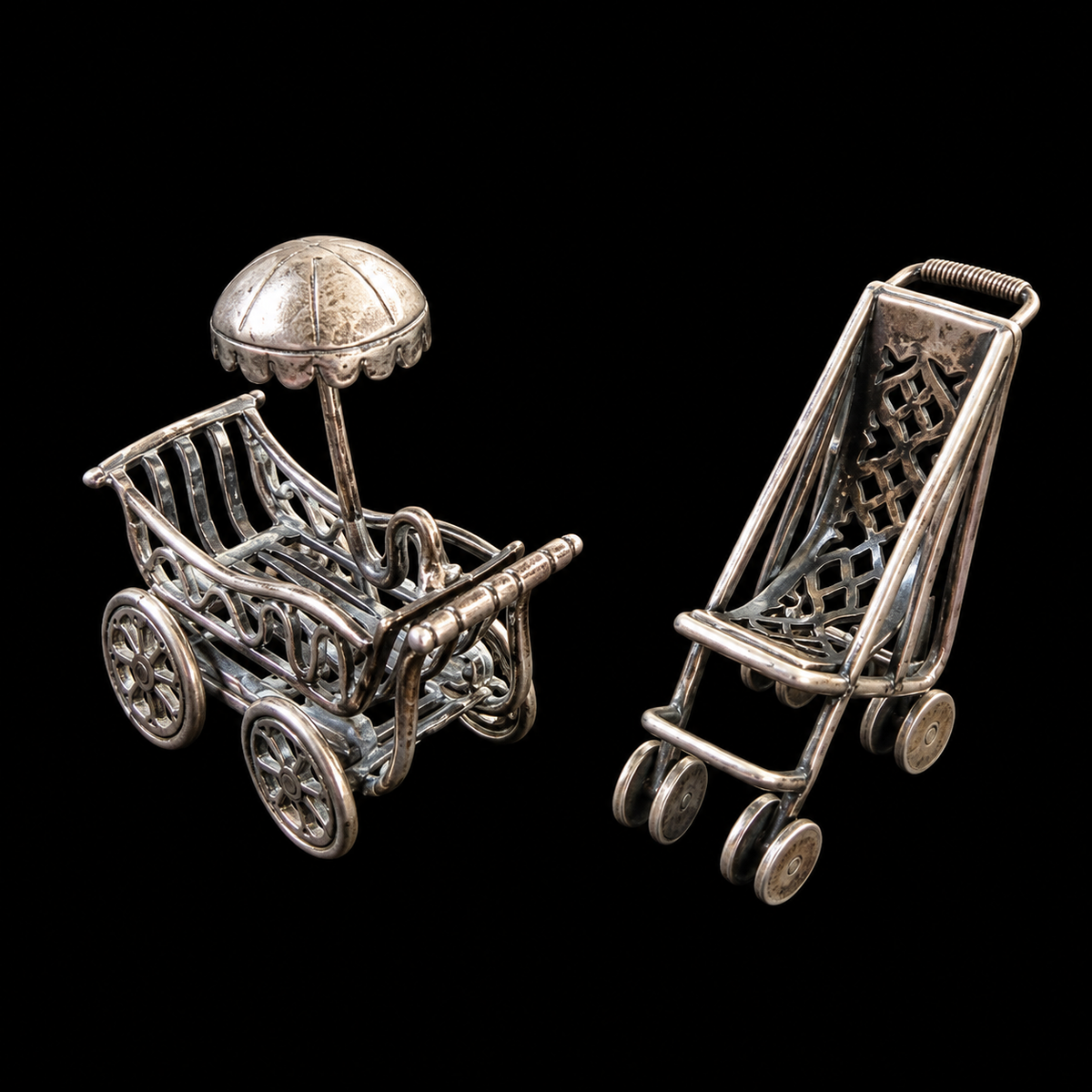 Mr Silverware Vintage Sterling Silver Miniature Baby Carriage & Stroller Figurines Set of 2